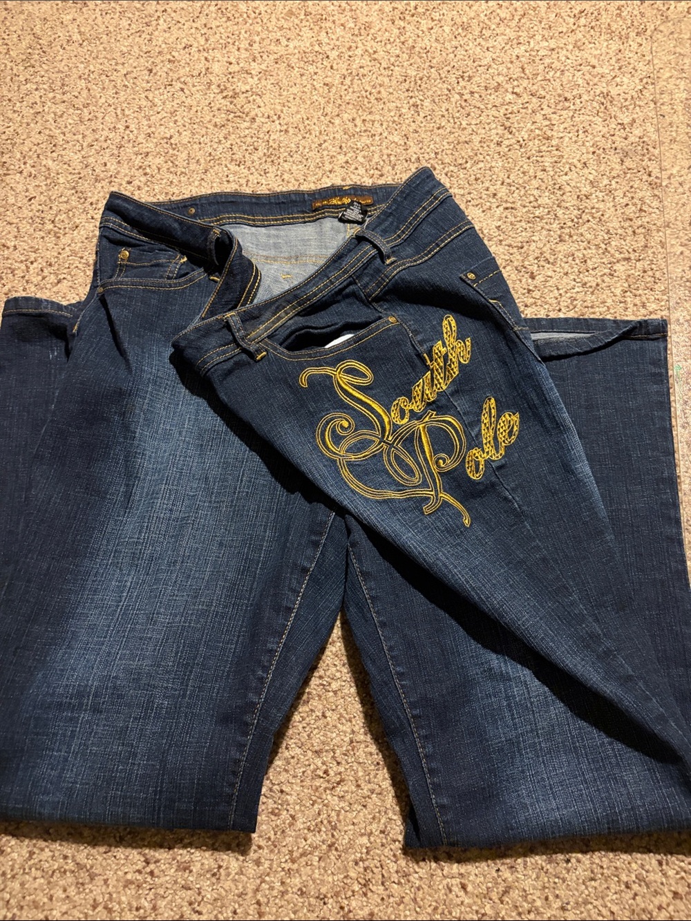 Y2K South Pole Women's Dark Blue Boot Cut Jeans with Yellow Script
